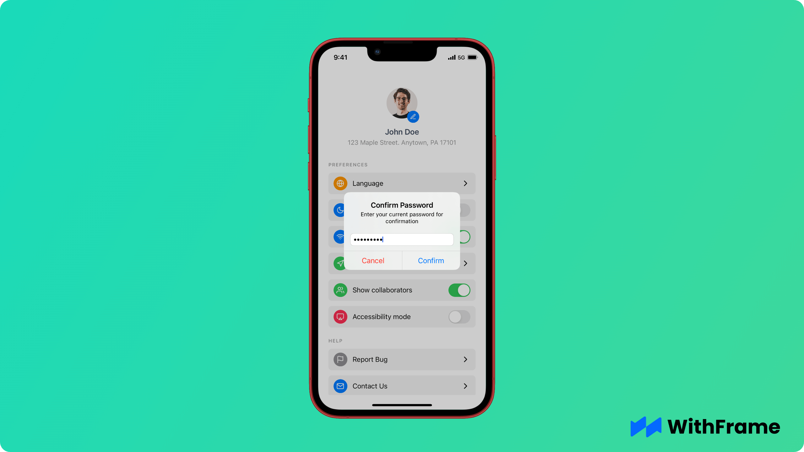 iOS Screenshot showing a secure text prompt in a React Native app
