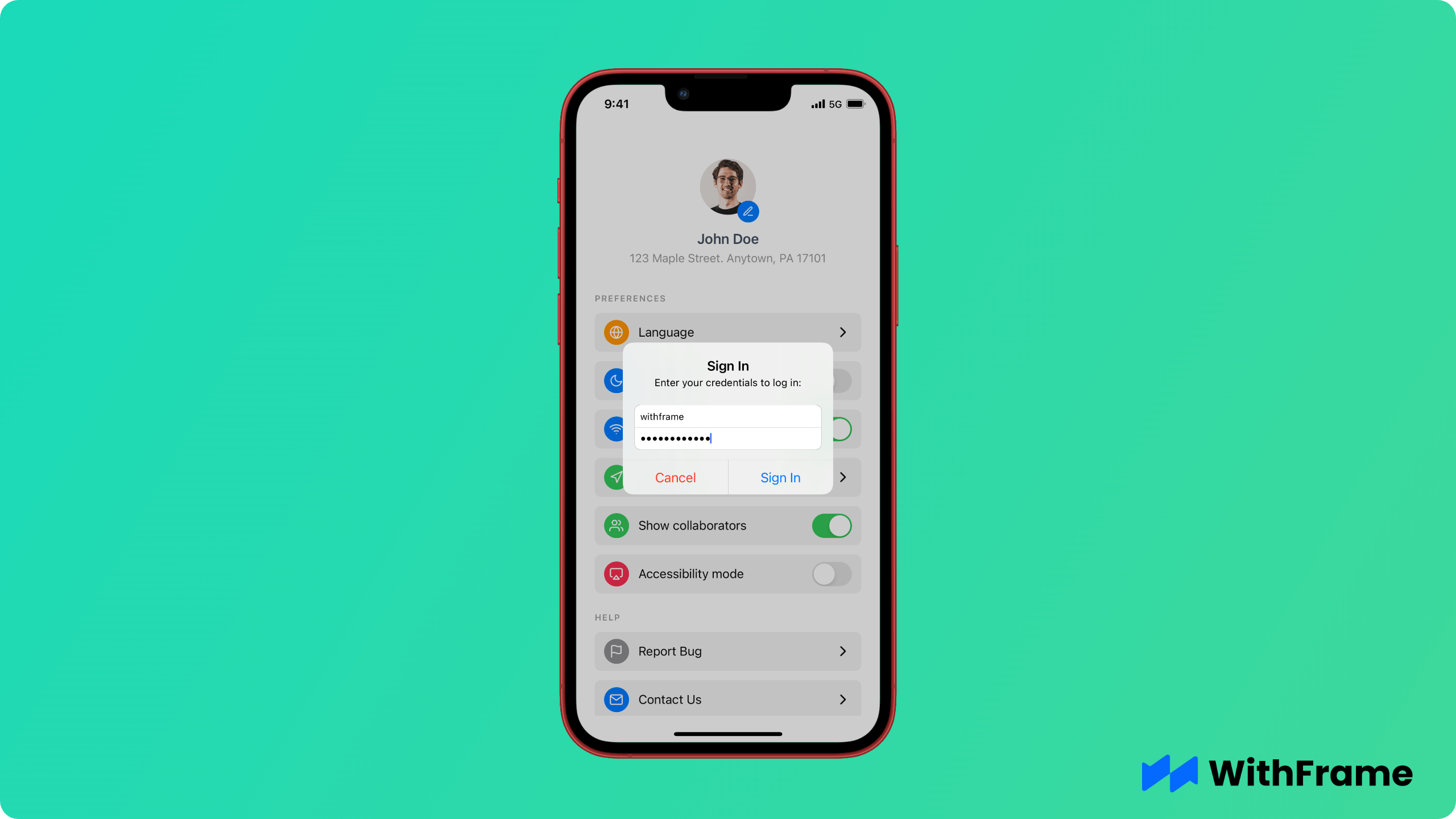 iOS Screenshot showing a login and password prompt in a React Native app