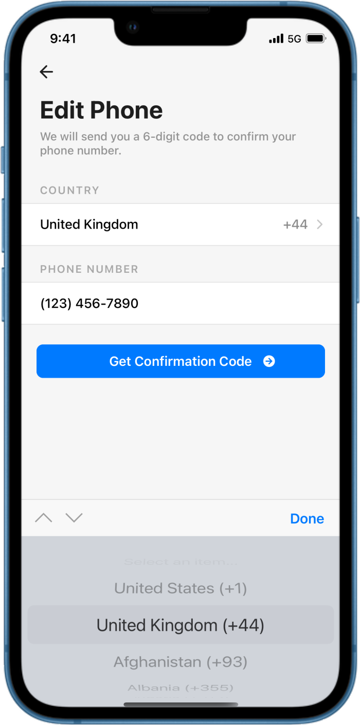 iOS preview for Phone Number Field with Country Picker